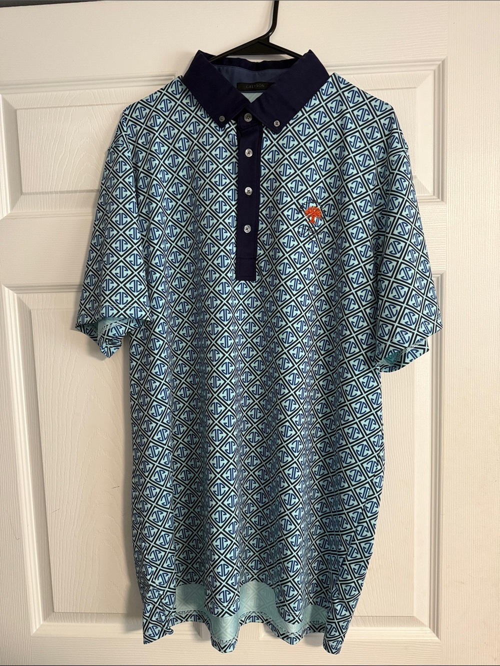 Greyson Men's XL Ocean Course Kiawah Geometric Light Blue Polo Shirt